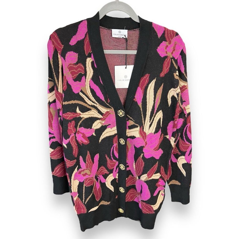 NWT Chloe‎ Kristyn Burgundy Floral V Neck Cardigan Sweater Women size XS